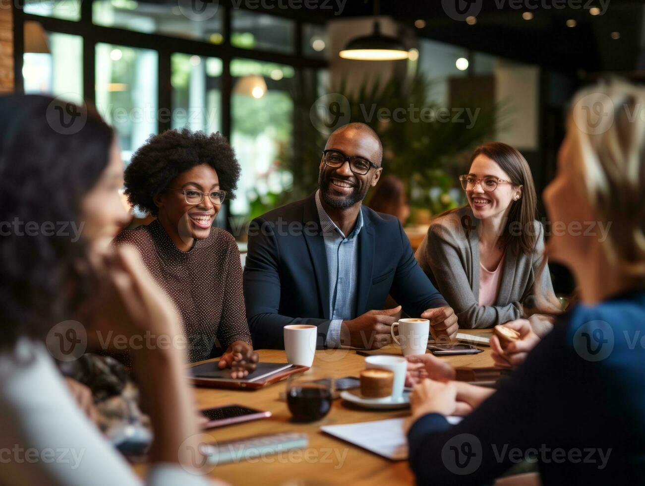 Diverse group of business professionals is engaged in a brainstorming session AI Generative photo