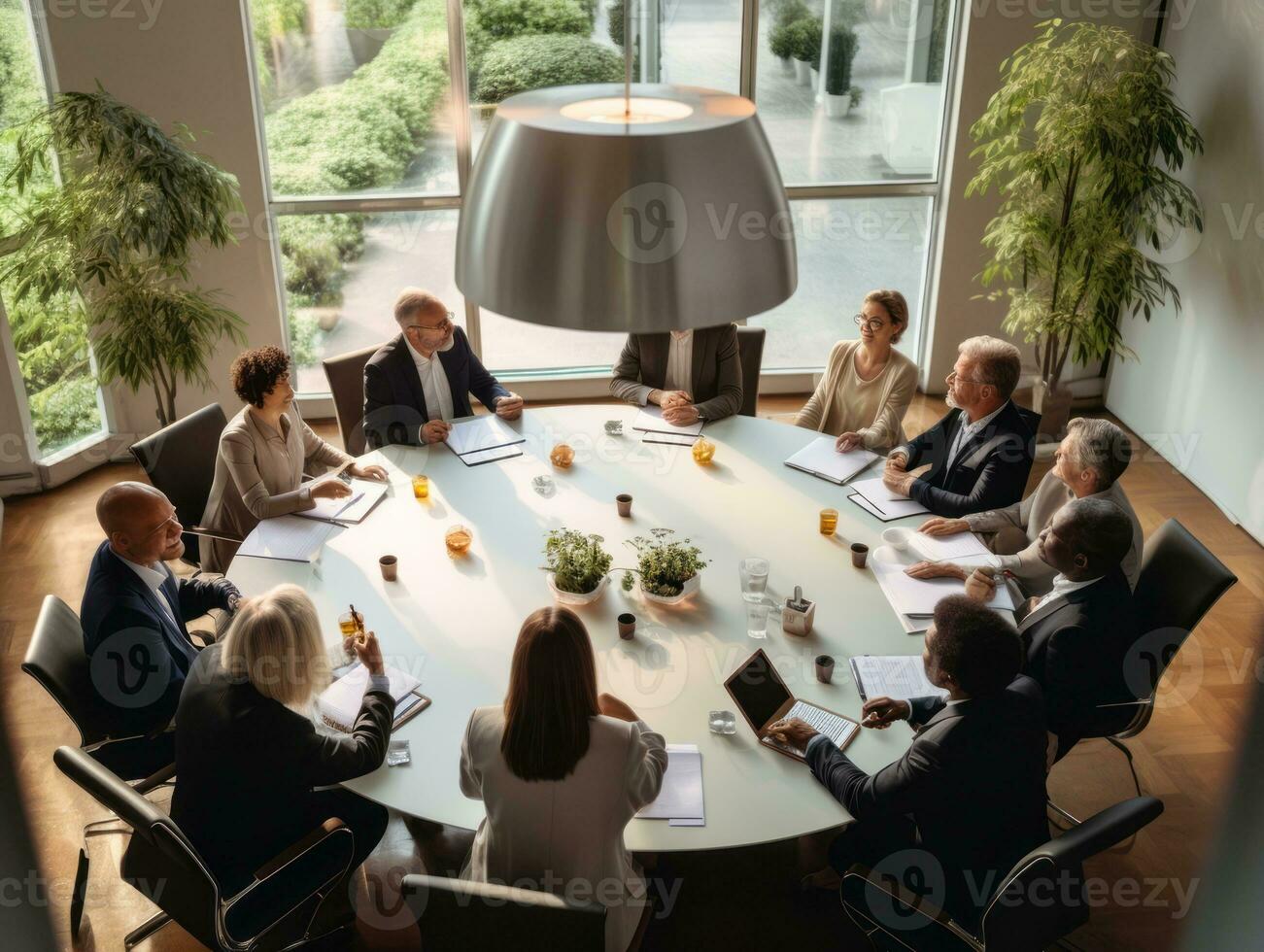 Diverse group of business professionals is engaged in a brainstorming session AI Generative photo