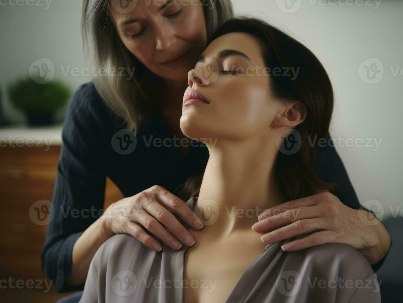 Female doctor carefully examines a patient in her office AI Generative photo