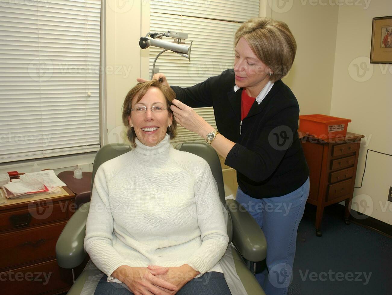 Female doctor carefully examines a patient in her office AI Generative photo