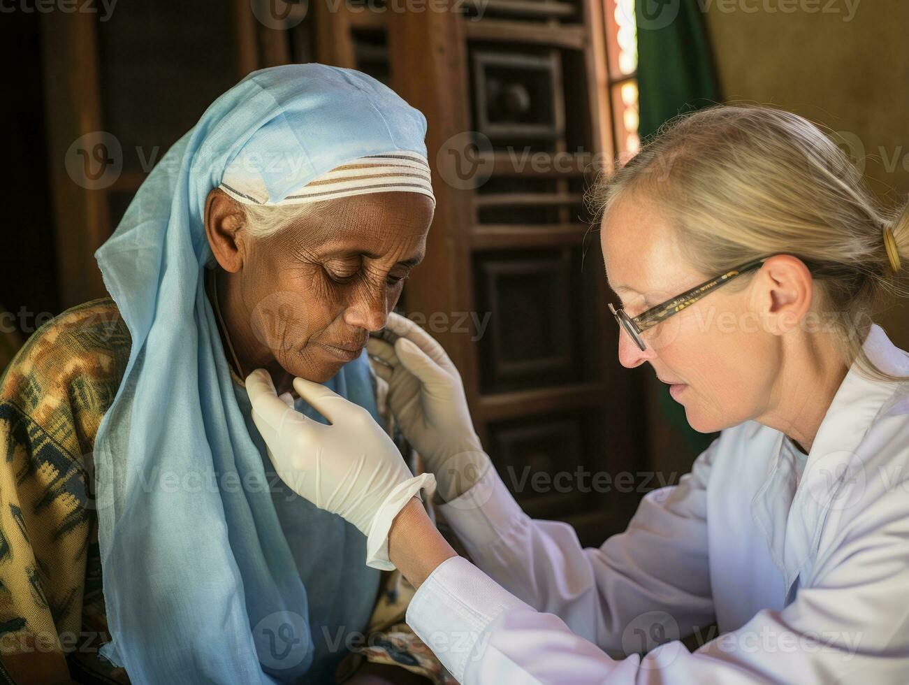 Female doctor carefully examines a patient in her office AI Generative photo