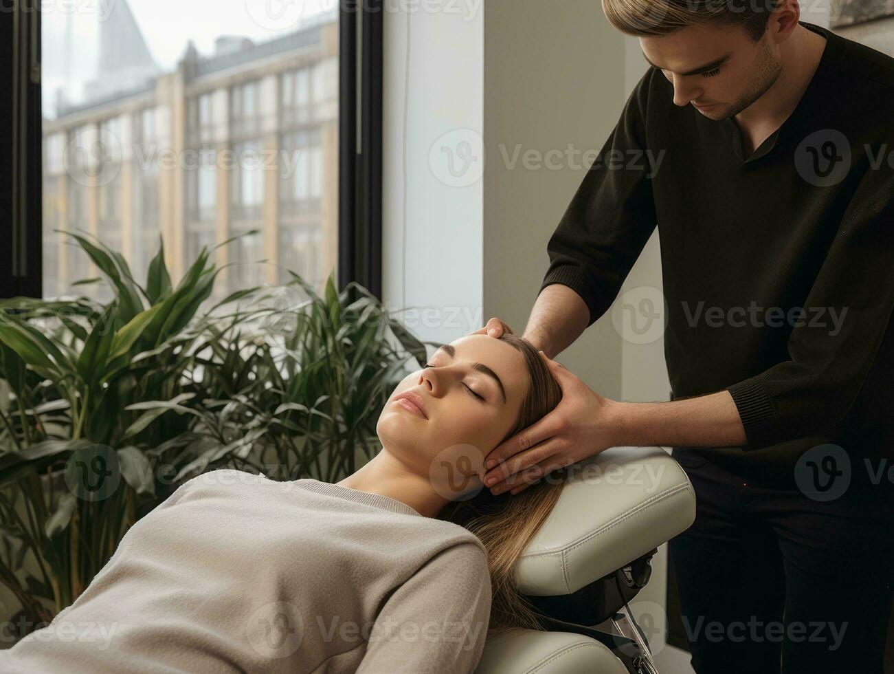 Female doctor carefully examines a patient in her office AI Generative photo