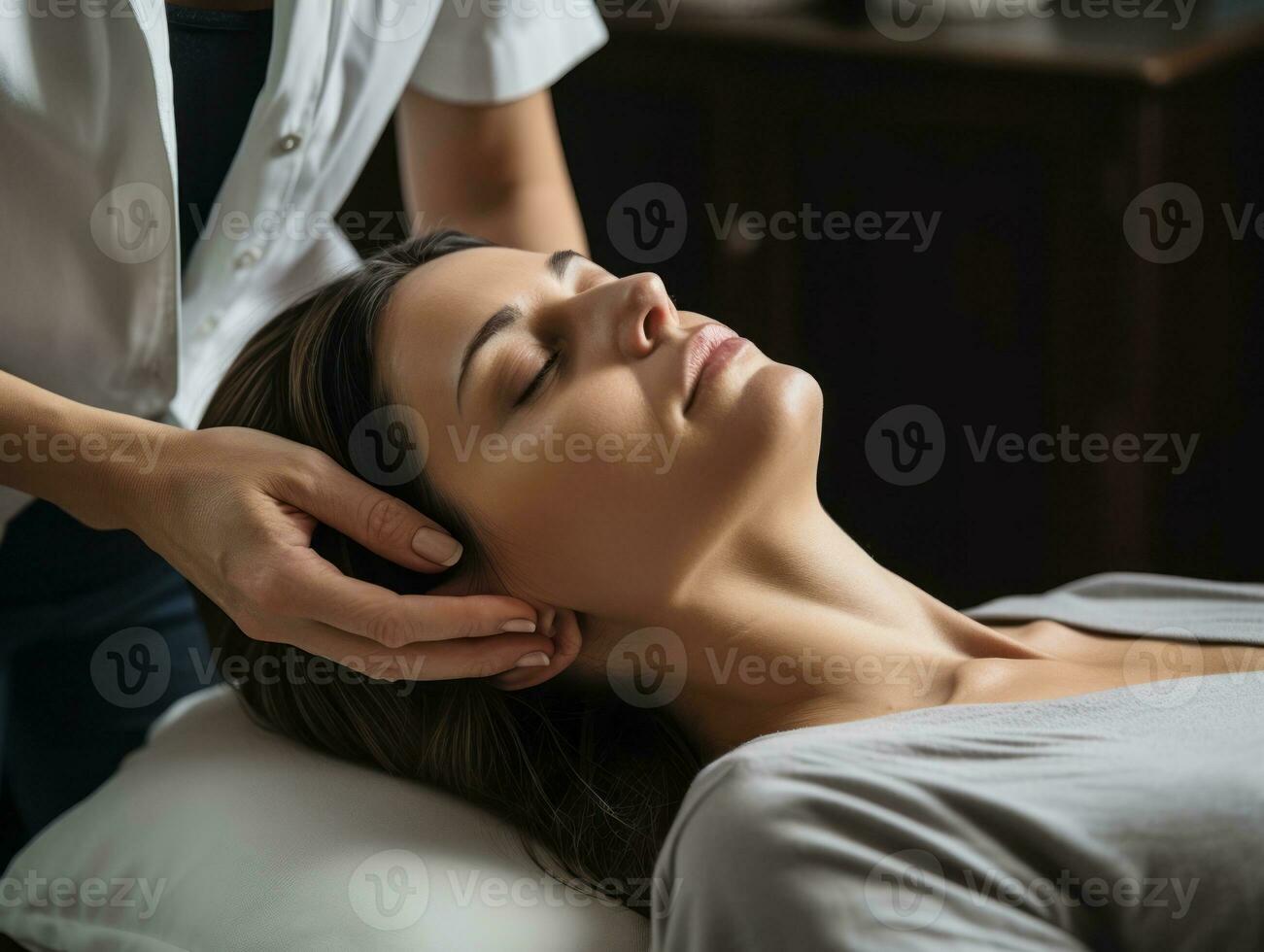 Female doctor carefully examines a patient in her office AI Generative photo