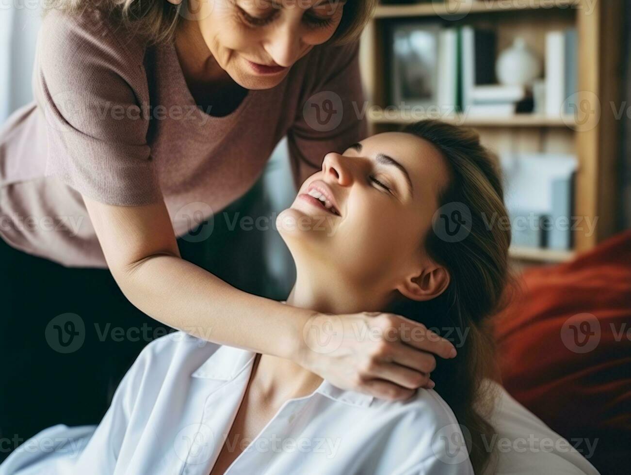 Female doctor carefully examines a patient in her office AI Generative photo