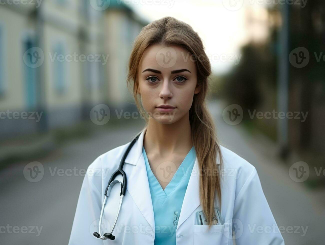 Female doctor carefully examines a patient in her office AI Generative photo