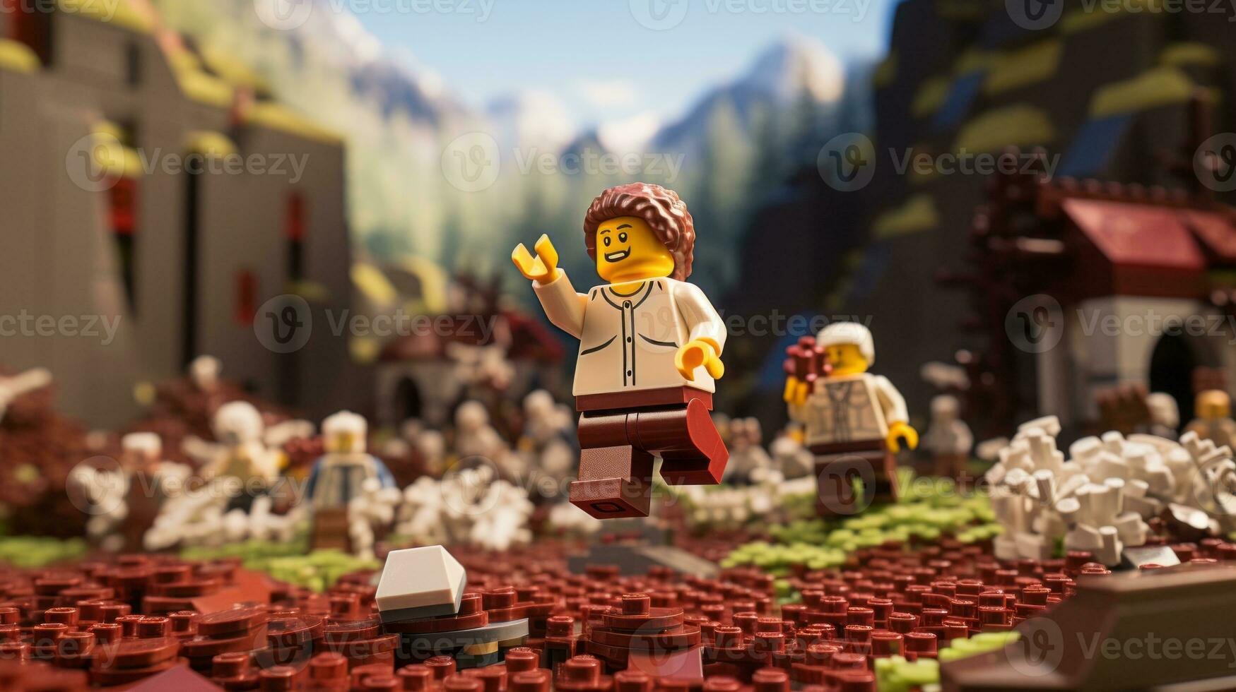 Lego character embarking on epic adventures with friends AI Generative photo