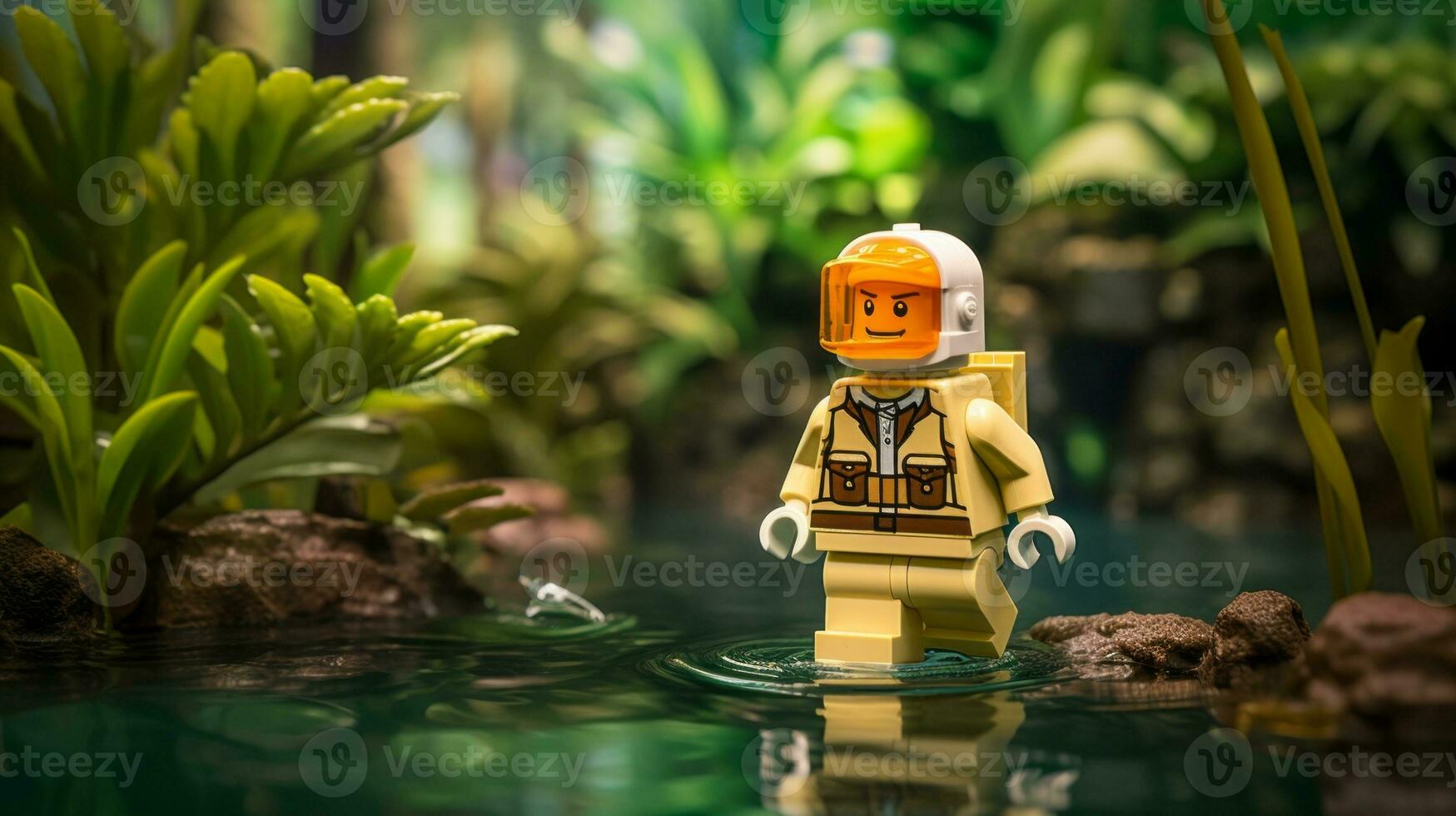 Lego character embarking on epic adventures with friends AI Generative photo