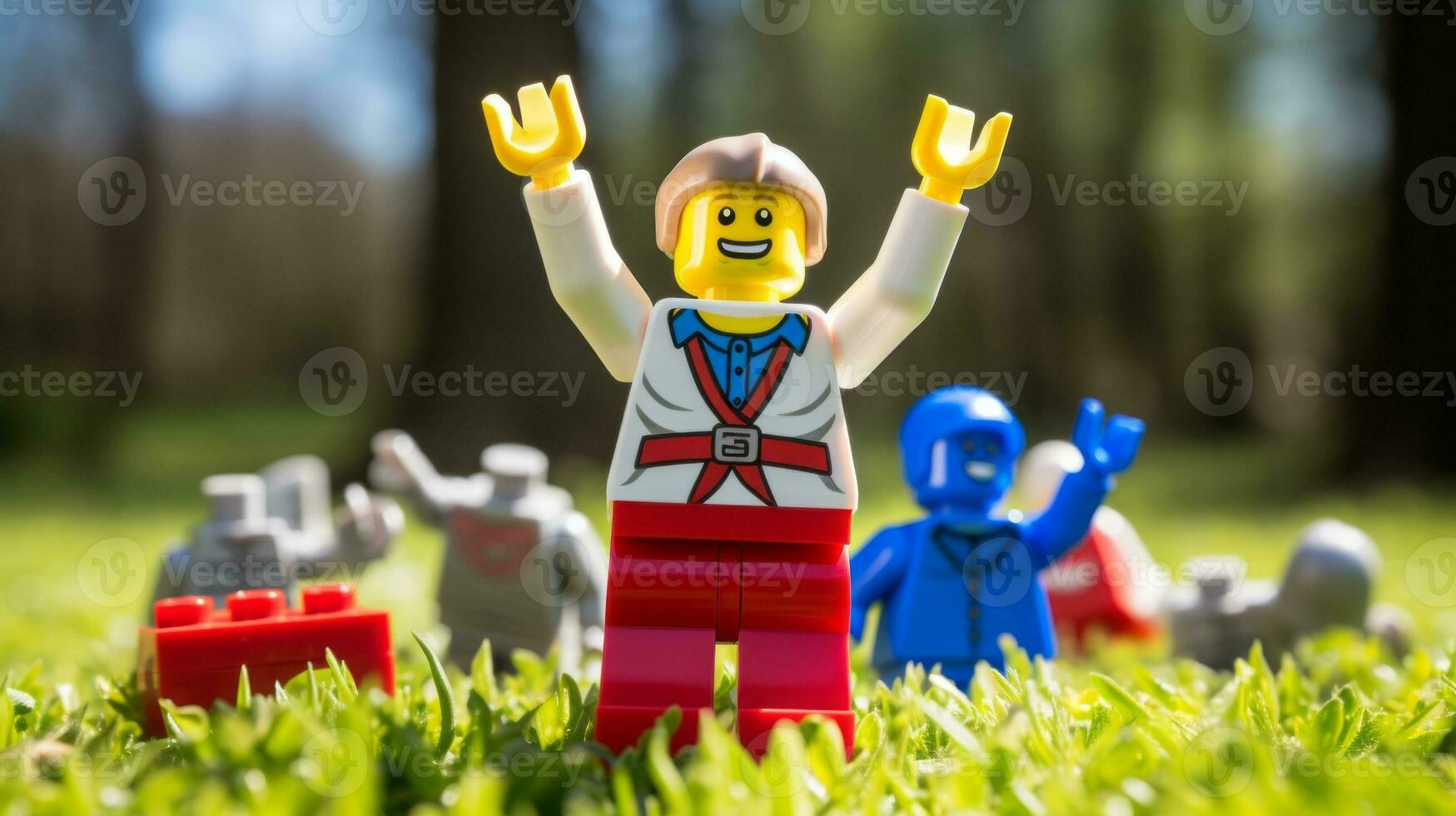 Lego personaje embarcarse en épico aventuras con amigos ai generativo foto