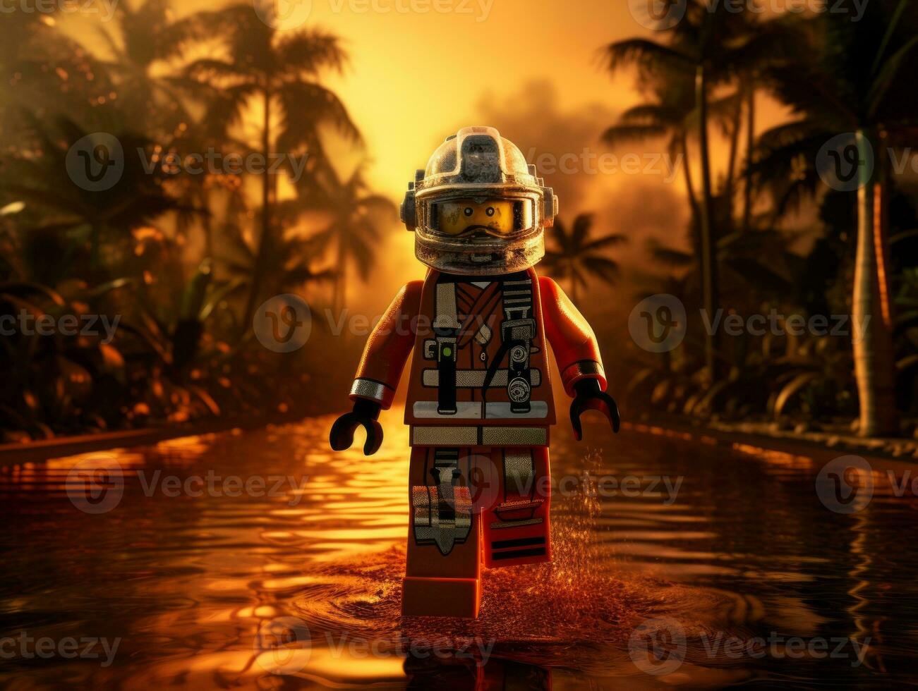 Lego character embarking on epic adventures with friends AI Generative photo