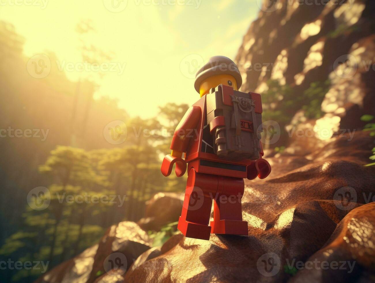 Lego character embarking on epic adventures with friends AI Generative photo