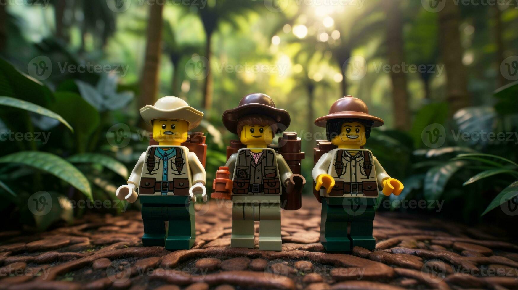 Lego character embarking on epic adventures with friends AI Generative photo