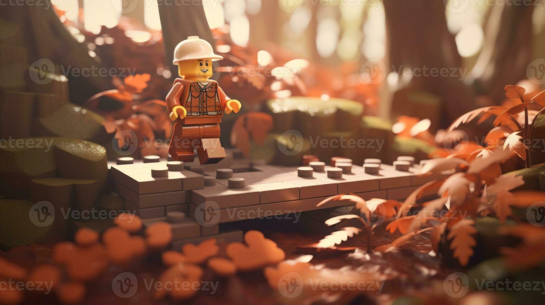 Lego character embarking on epic adventures with friends AI Generative photo