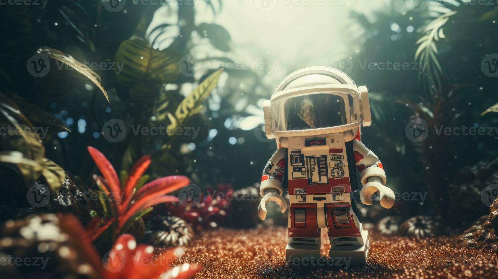 Lego character embarking on epic adventures with friends AI Generative photo