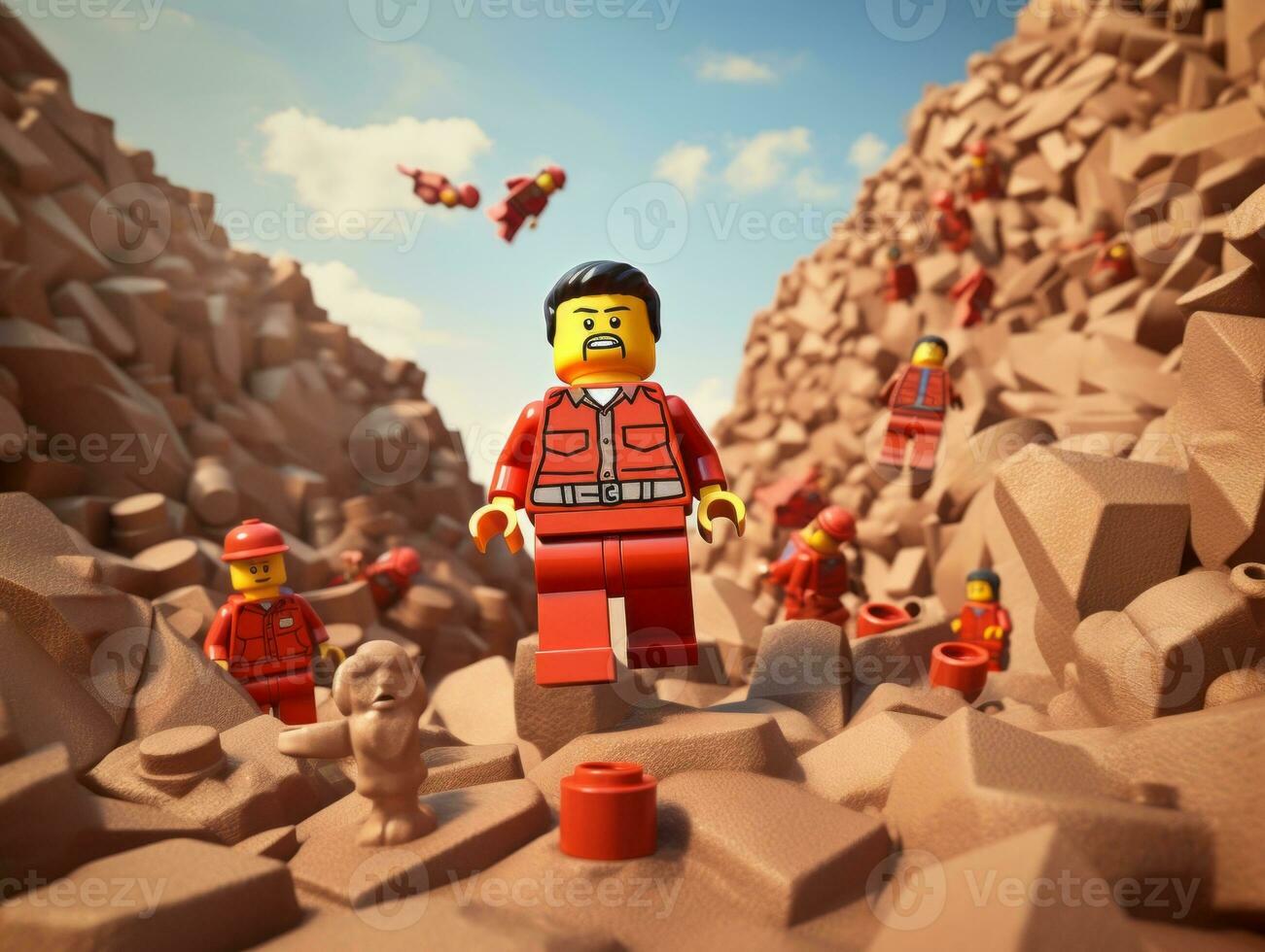 Lego character embarking on epic adventures with friends AI Generative photo