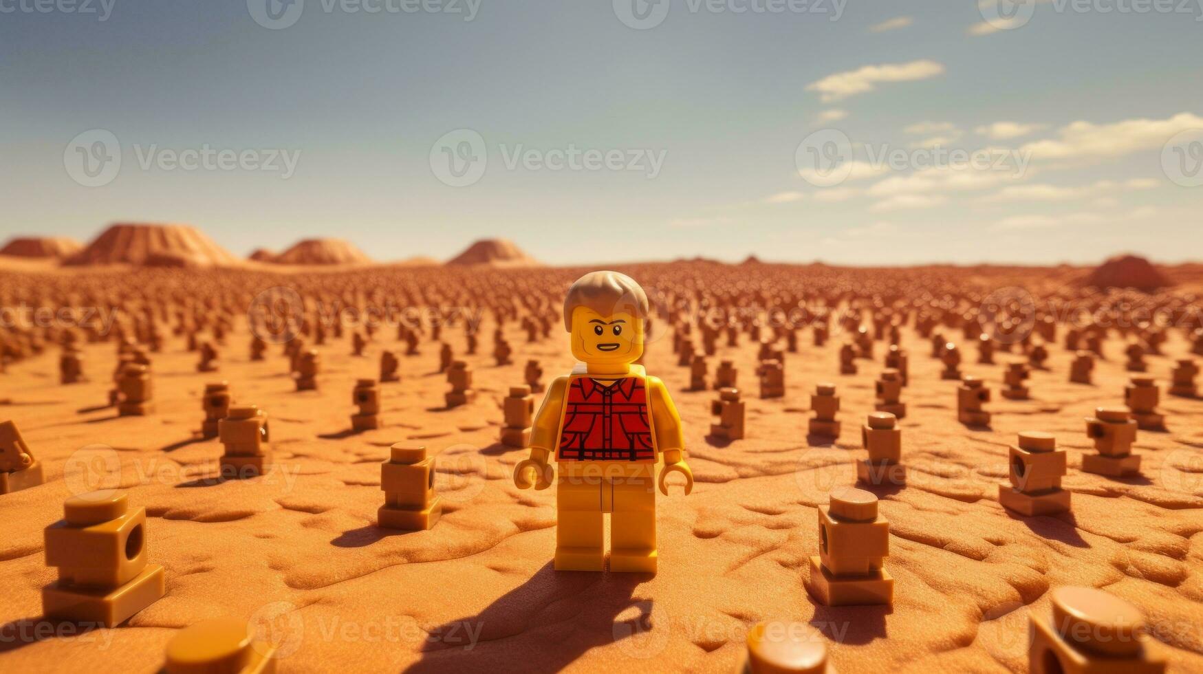 Lego character embarking on epic adventures with friends AI Generative photo