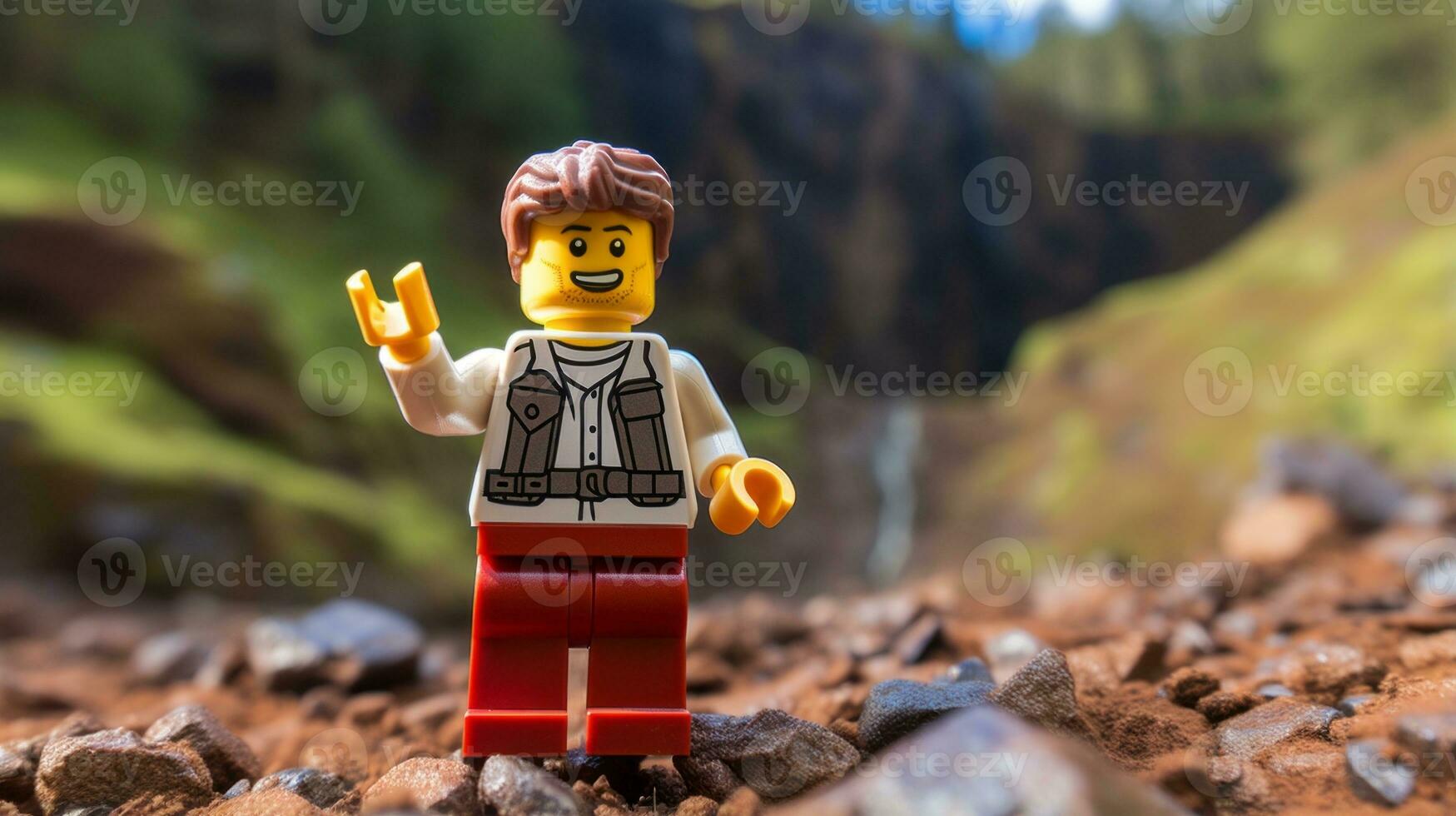 Lego character embarking on epic adventures with friends AI Generative photo