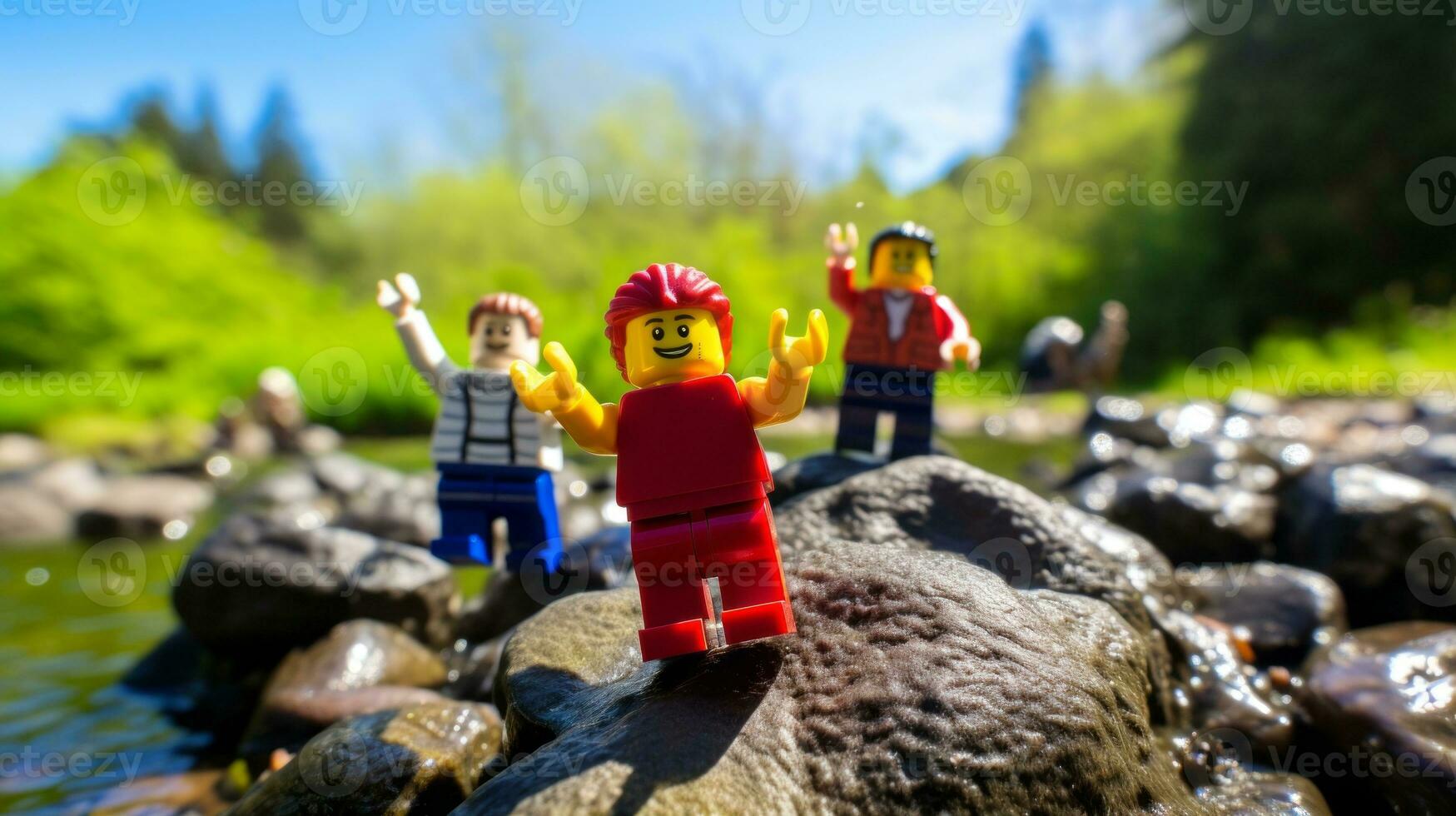 Lego character embarking on epic adventures with friends AI Generative photo