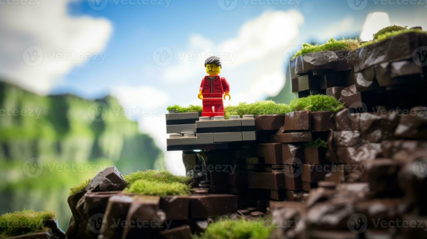 Lego character embarking on epic adventures with friends AI Generative photo