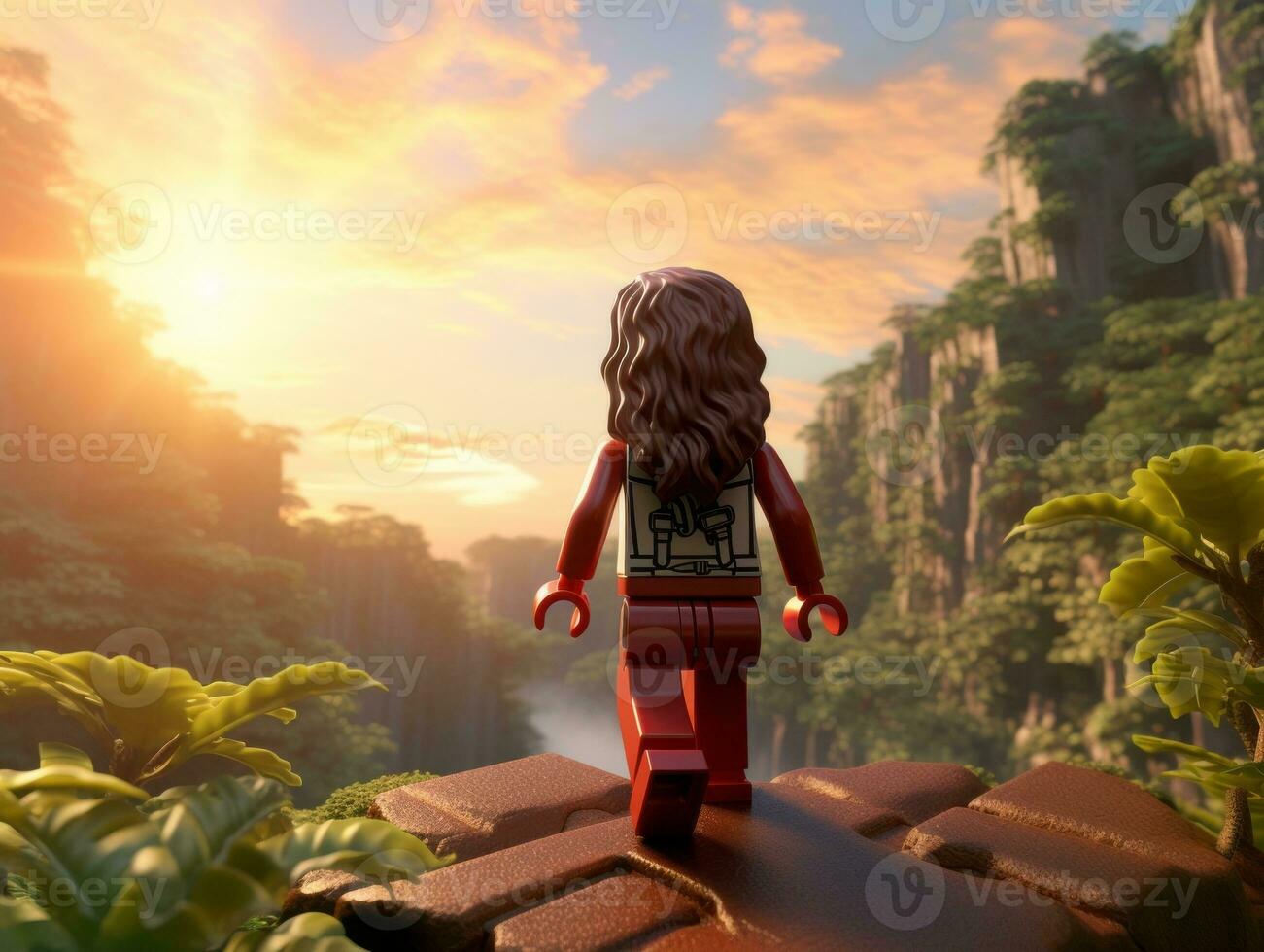 Lego character embarking on epic adventures with friends AI Generative photo
