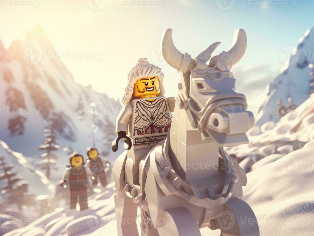 Lego character embarking on epic adventures with friends AI Generative photo