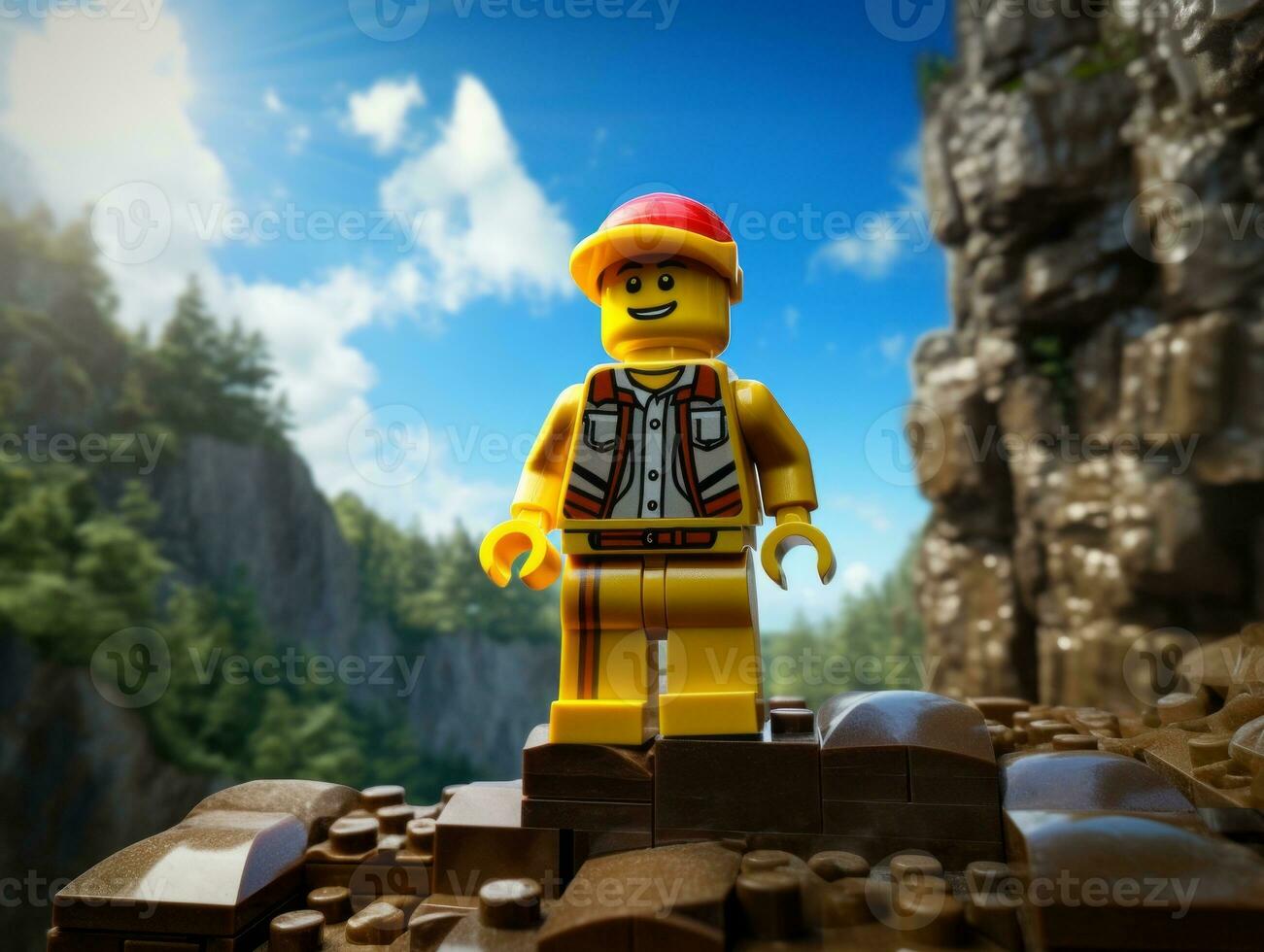 Lego character embarking on epic adventures with friends AI Generative photo