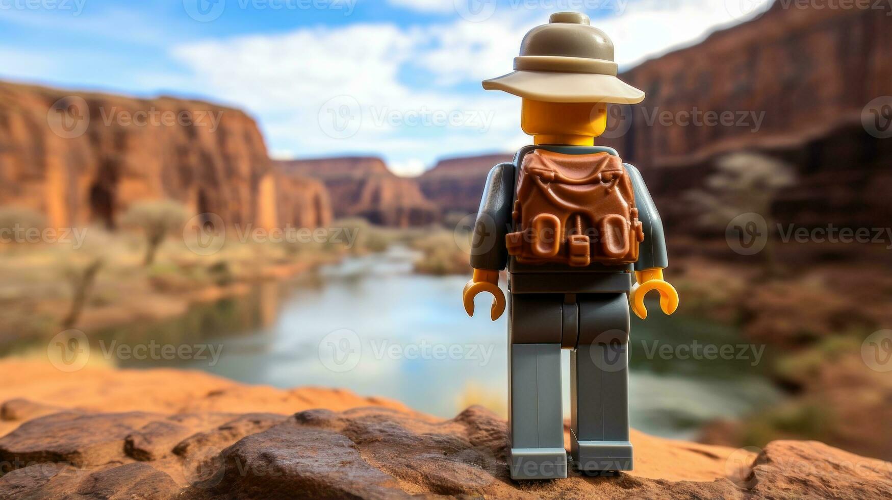 Lego character embarking on epic adventures with friends AI Generative photo