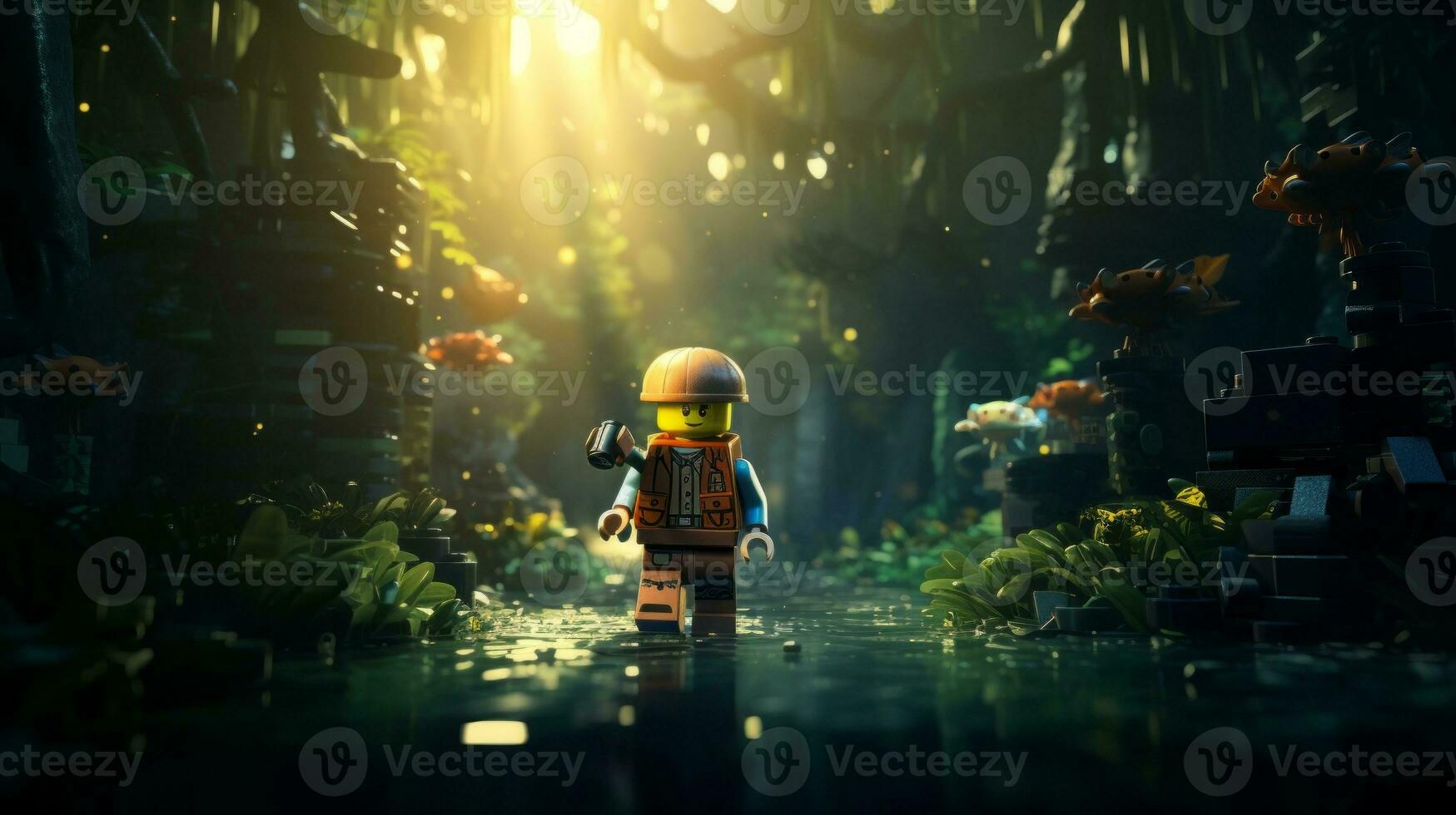 Lego character embarking on epic adventures with friends AI Generative photo