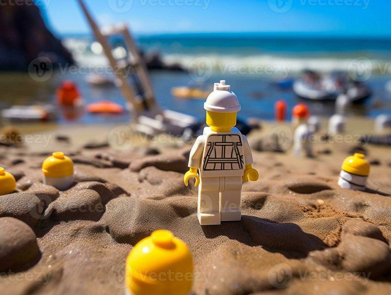 Lego character embarking on epic adventures with friends AI Generative photo