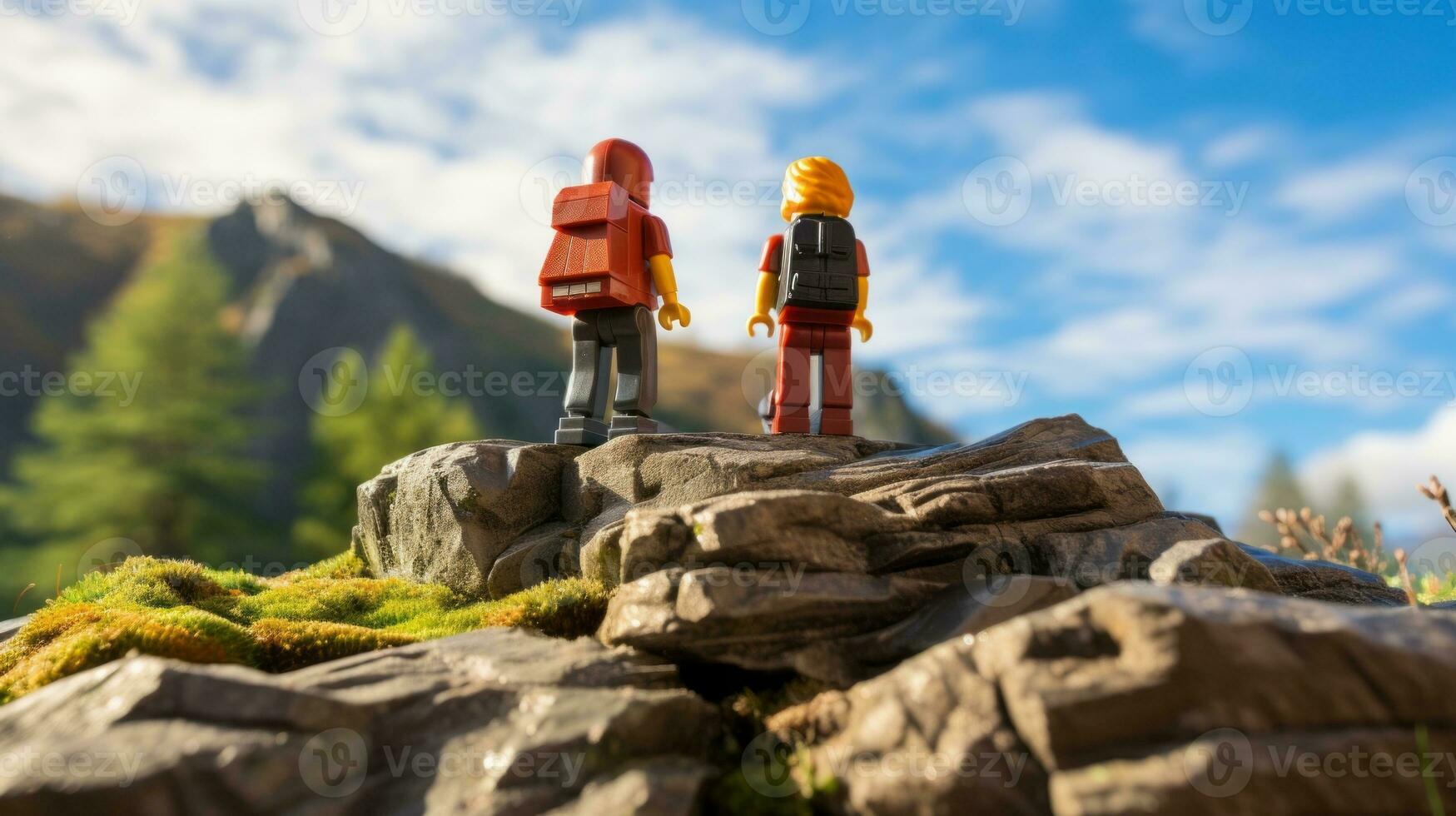 Lego character embarking on epic adventures with friends AI Generative photo