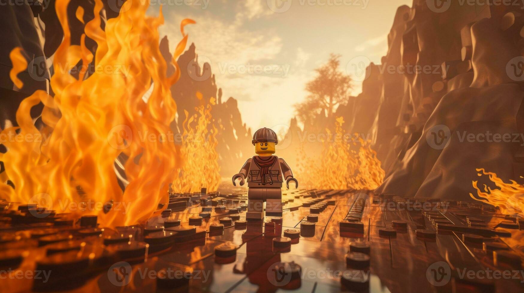 Lego character embarking on epic adventures with friends AI Generative photo