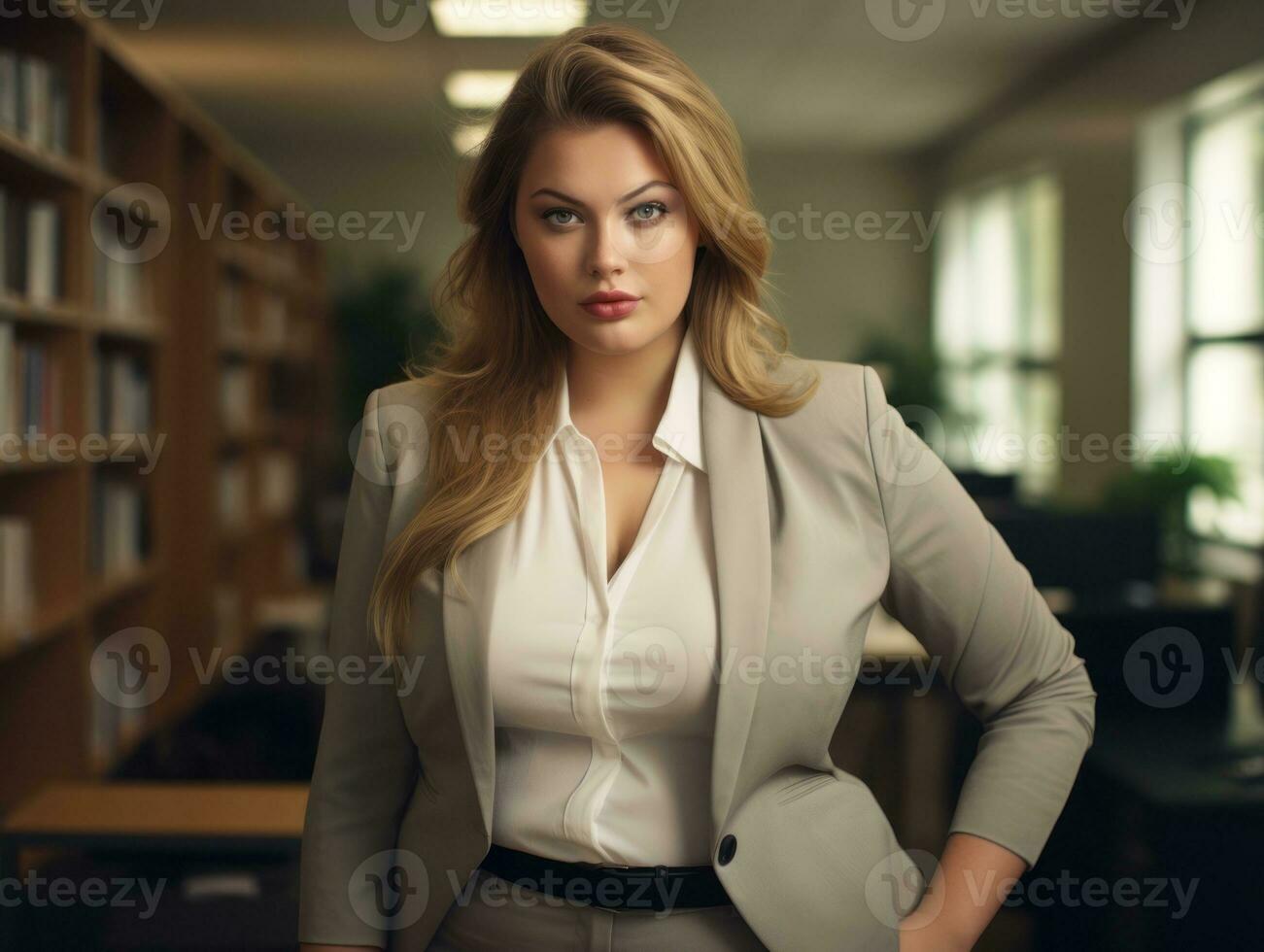 elegante talla extra mujer gerente en un profesional atuendo ai generativo foto