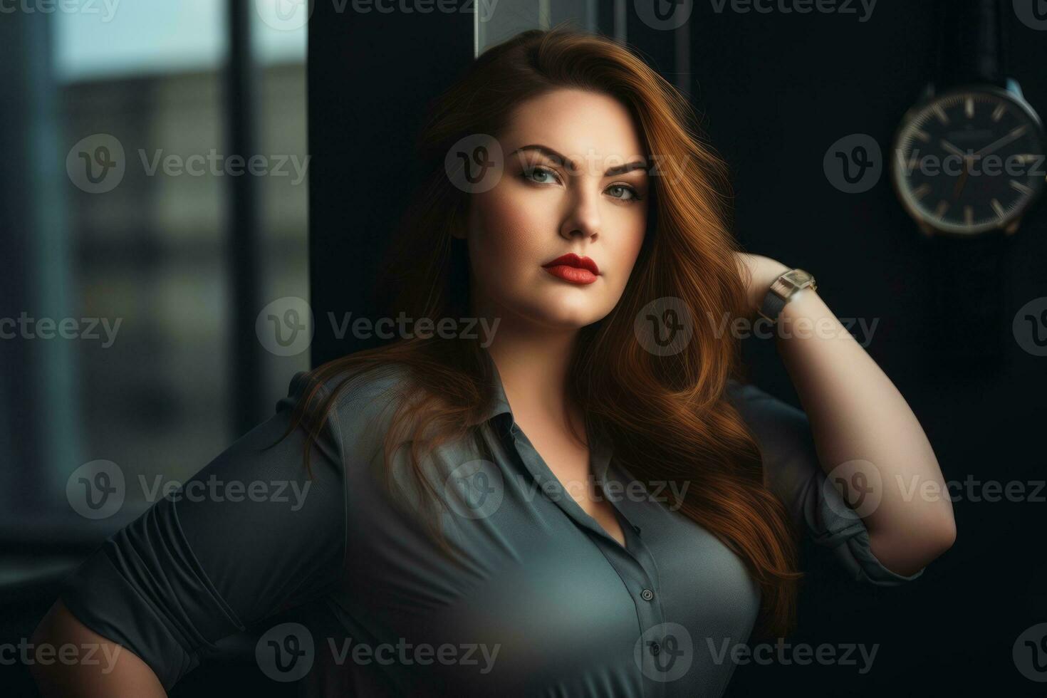 beautiful plus size woman with big breasts posing for the camera on a gray  background generative ai 29688862 Stock Photo at Vecteezy