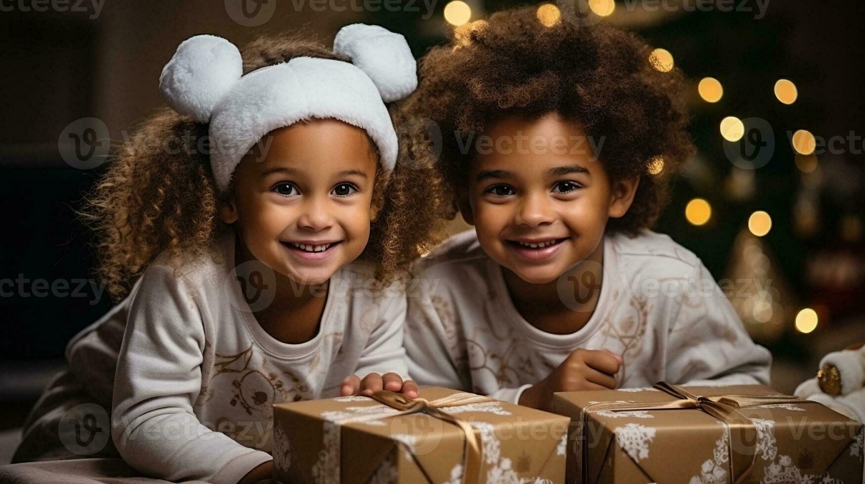 Two Cute African American Children Waiting to Unwrap Their Christmas Gifts on Christmas Morning. Generative AI. photo