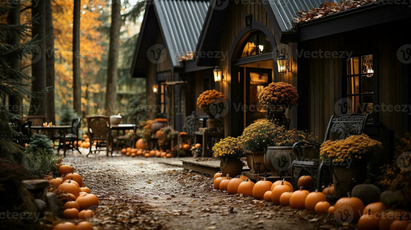 Fall and autumn beautifully decorated house porches with pumpkins, gourds and seating - generative AI. photo