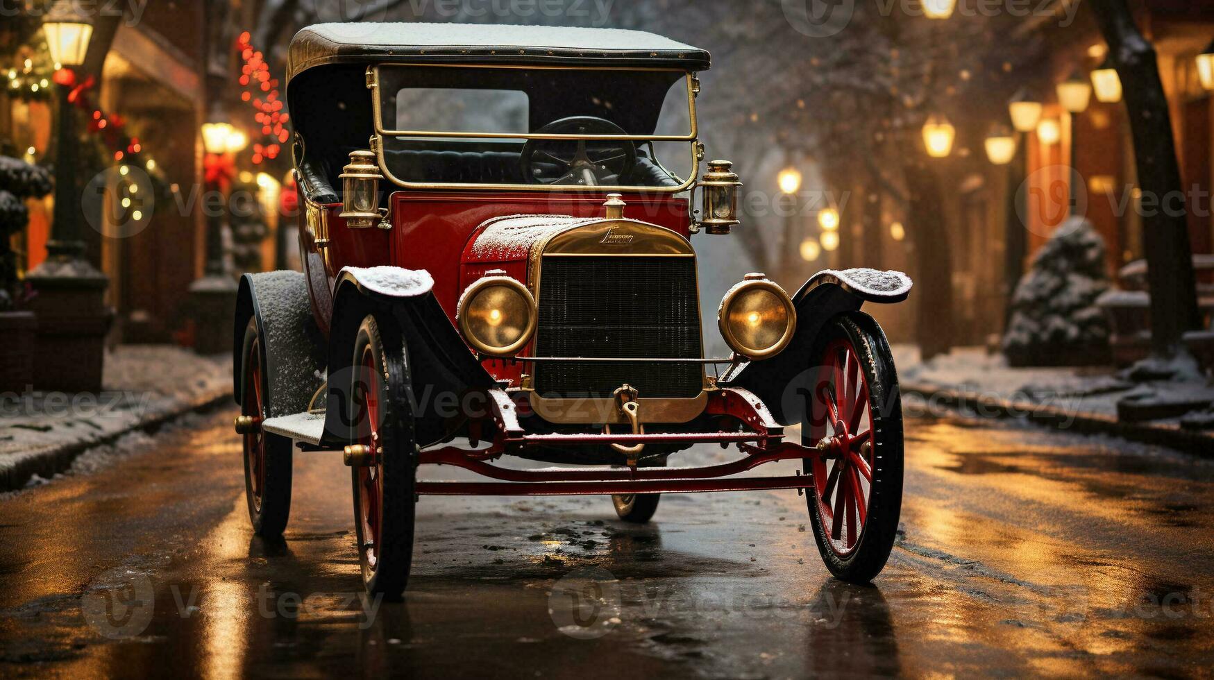 clásico Clásico coche estacionado fuera de el festivamente Navidad decorado tiendas generativo ai. foto