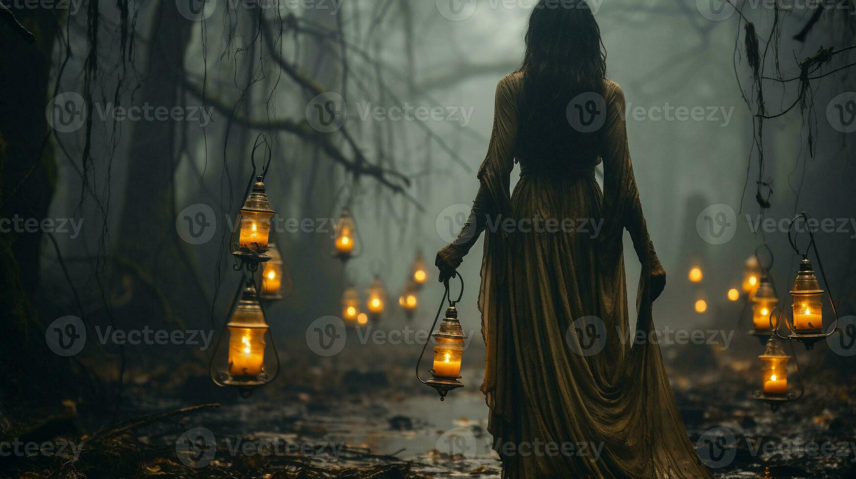 Mysterious female ghost figure walking amongst Spanish moss, forest and candlelit lanterns on Halloween night - generative AI. photo