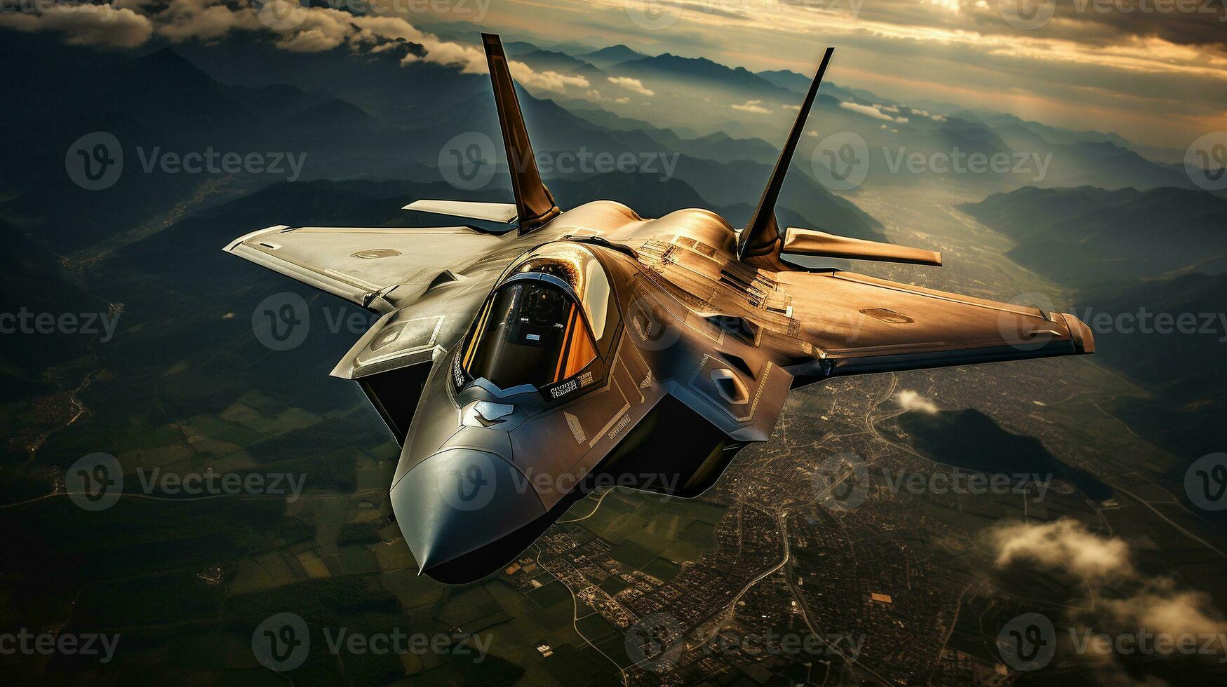 A Lockheed Martin F 35 Fighter Jet flying high in the air. Generative AI. photo