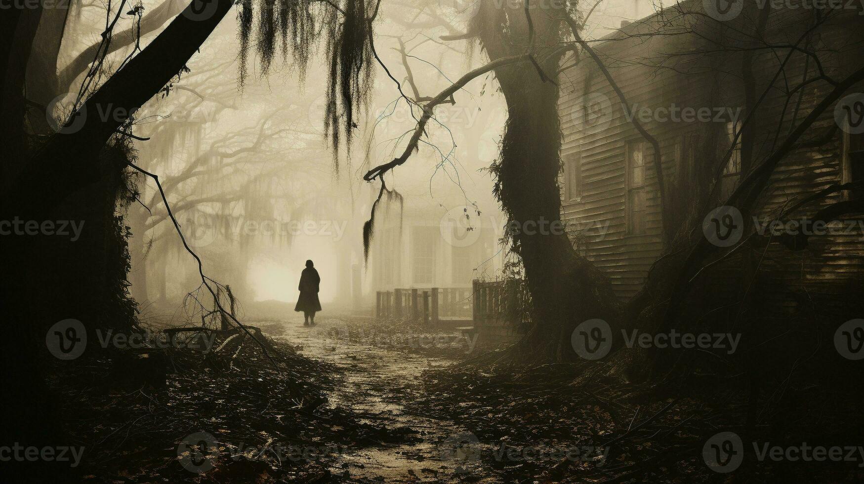 fantasmal figura silueta en pie o caminando en medio de el escalofriante Víspera de Todos los Santos niebla fuera de - generativo ai. foto