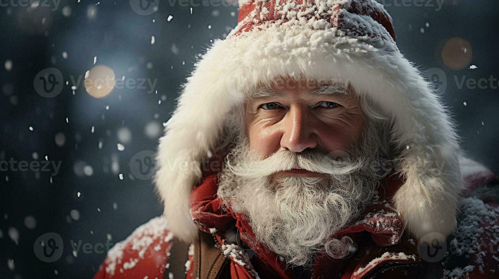 Santa Clause Dressed Man with White Beard Outside on a Snowy Christmas Night. Generative AI. photo