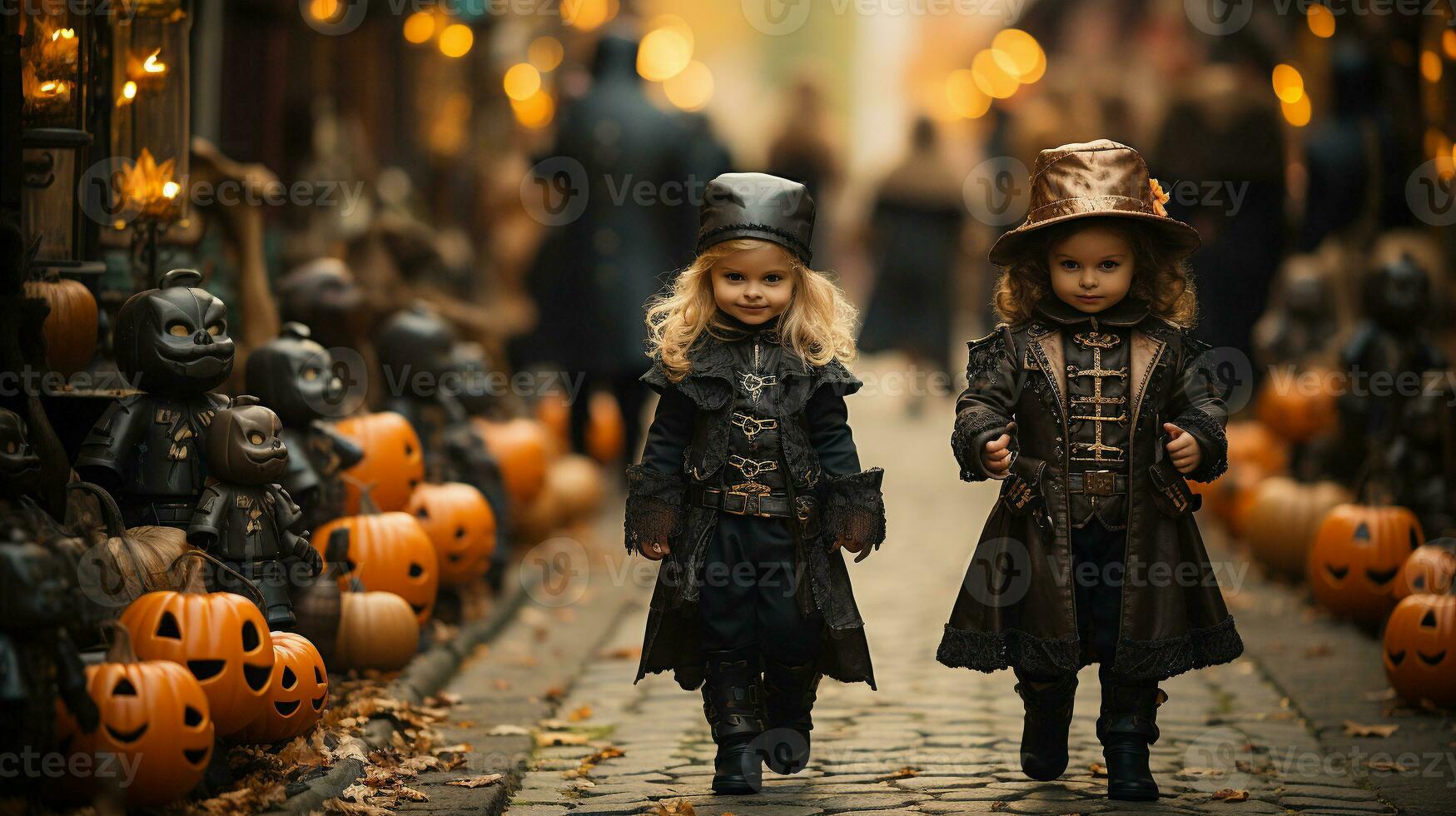 Cute little children dressed up for Halloween walking down the sidewalk together - generative AI. photo