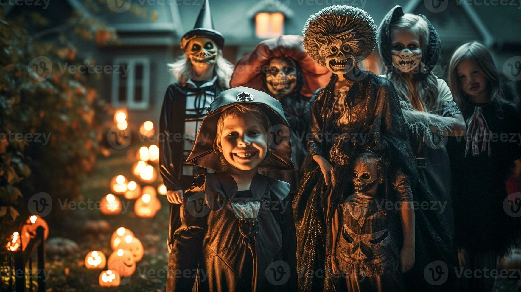 Fun family dressed up for Halloween together out in the decorated neighborhood - generative AI. photo