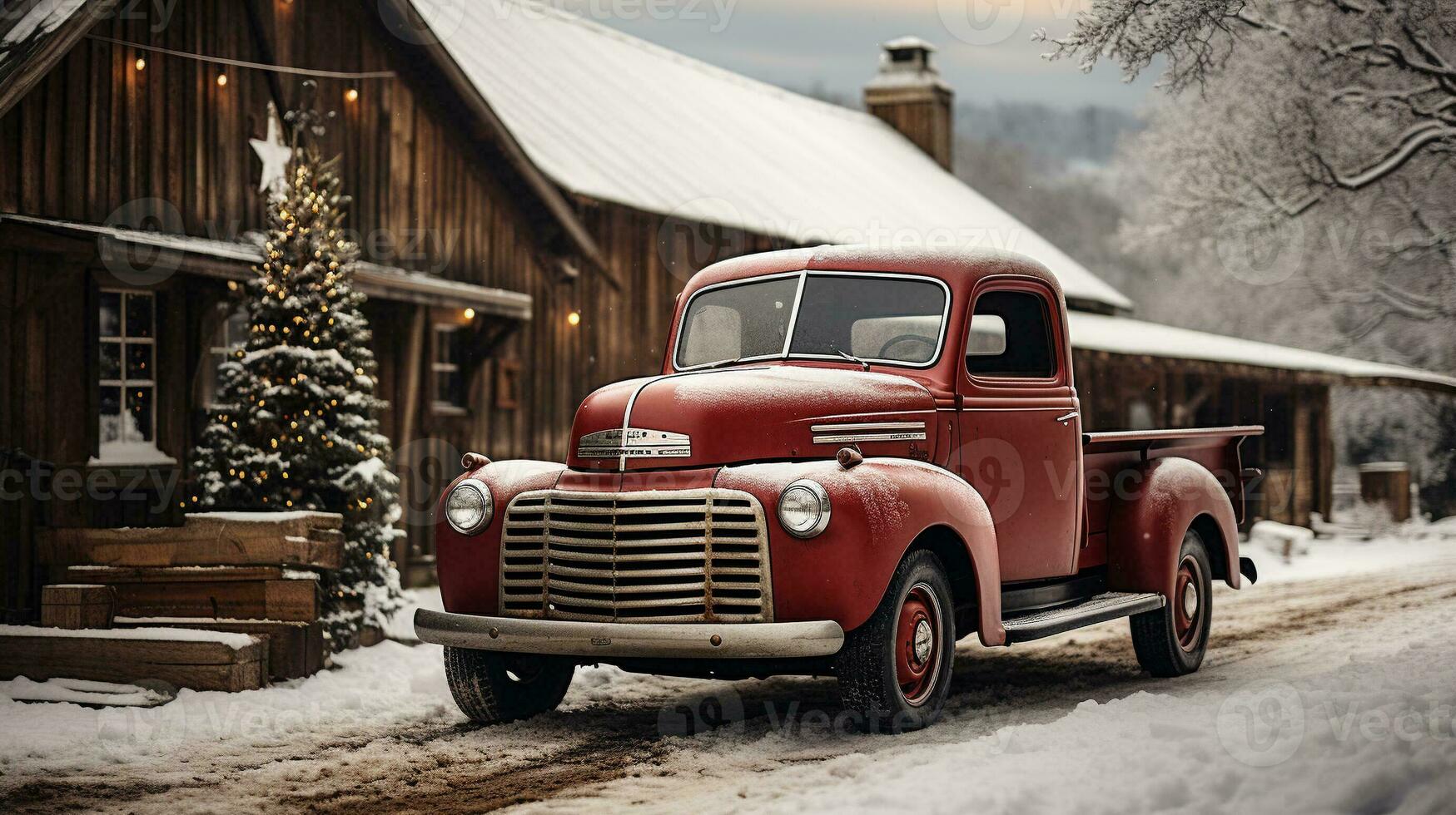 Vintage Pick-up Truck Parked Outside Festively Decorated Barn Shop. Generative AI. photo