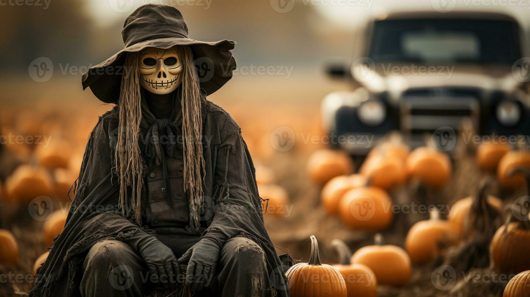 Scary ghostly Halloween scarecrow figure sitting amongst the country pumpkin patch - generative AI. photo