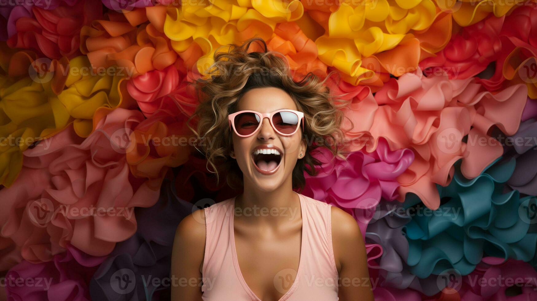 Excited happy and laughing young adult girl wearing sunglasses in front of a colorful background - generative AI. photo