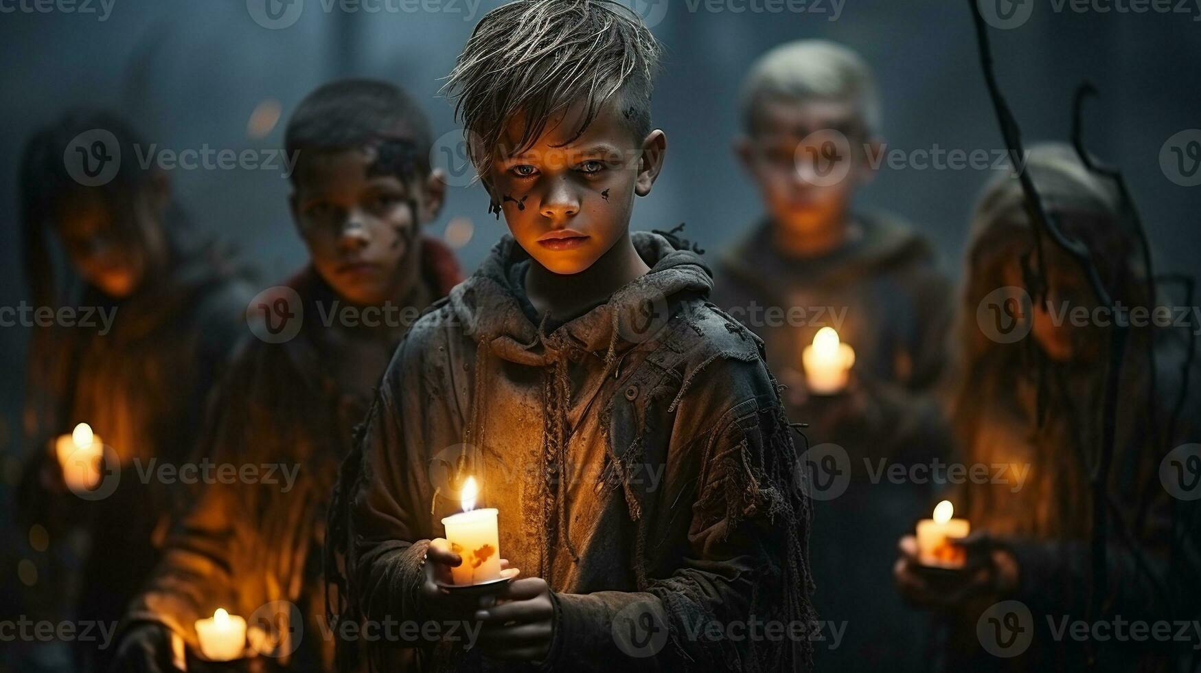 Scary and mysterious children carrying candles on a foggy Halloween night - generative AI. photo