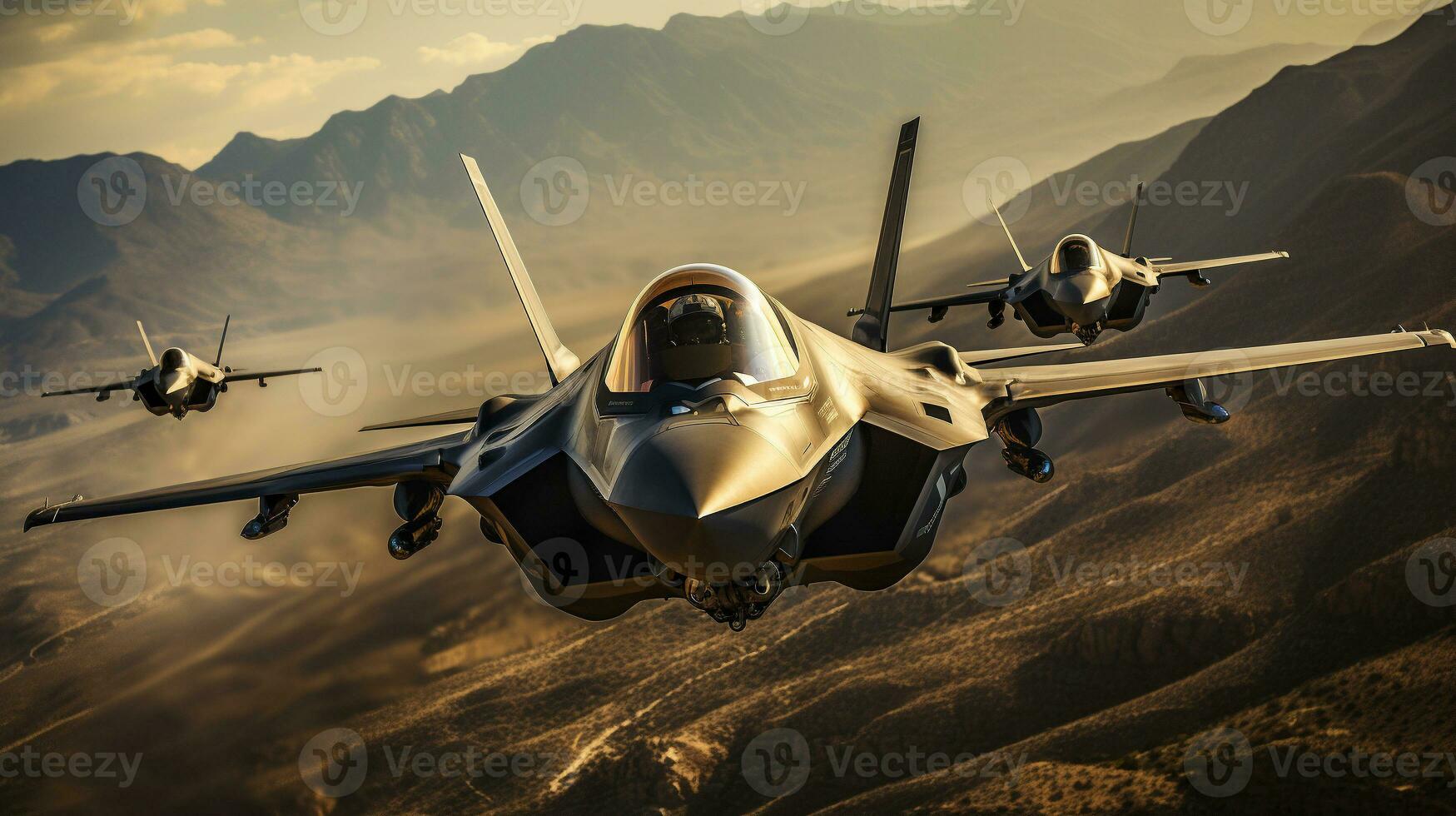 A Lockheed Martin F 35 Fighter Jet Squadron in Formation. Generative AI. photo