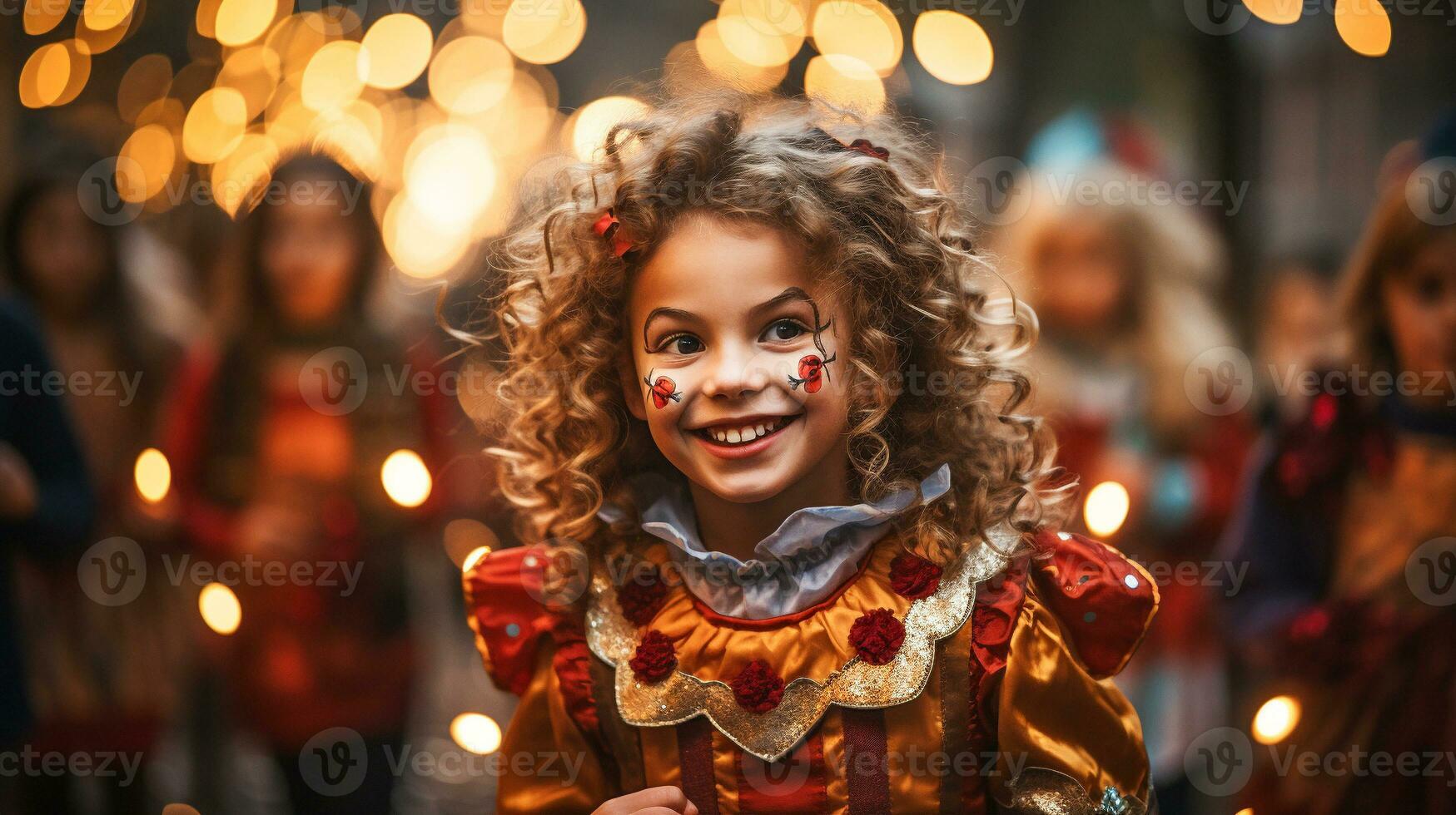 Cute little children dressed up as clowns for Halloween walking down the sidewalk together - generative AI. photo