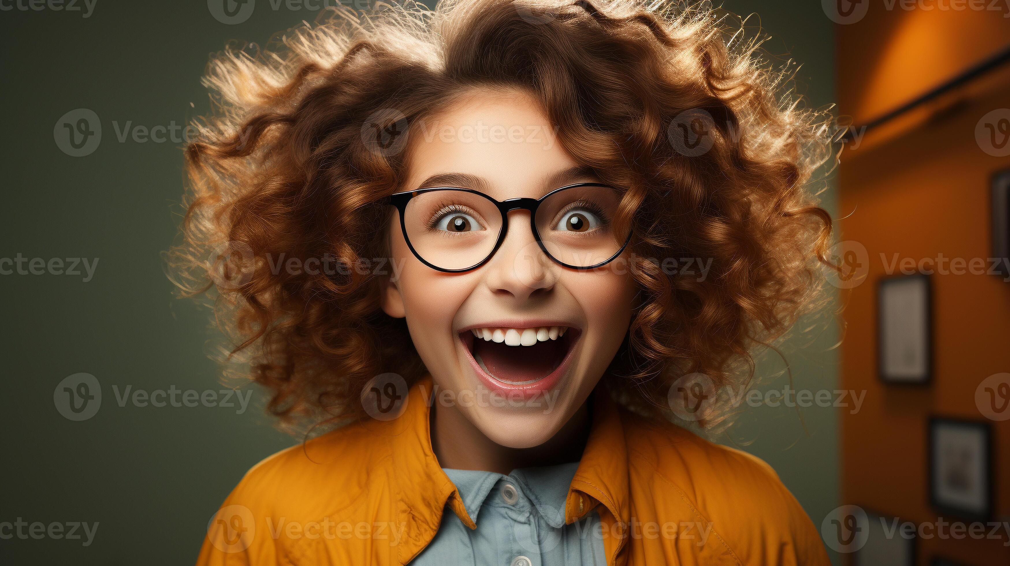 Deliriously happy and excited young girl wearing glasses smiling in her