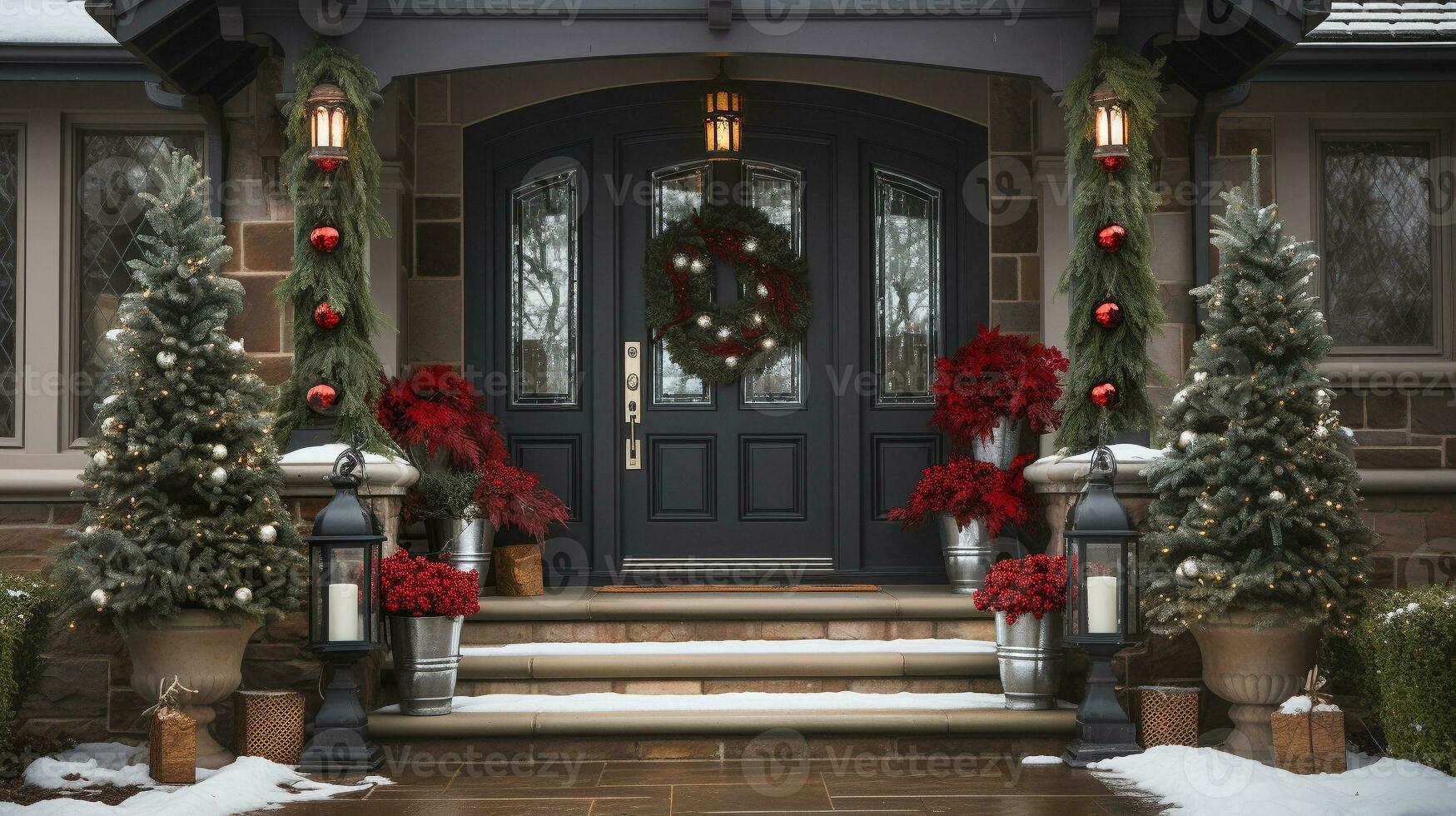 Beautiful Christmas decorated front door and porch of a house on a winter evening. Generative AI. photo