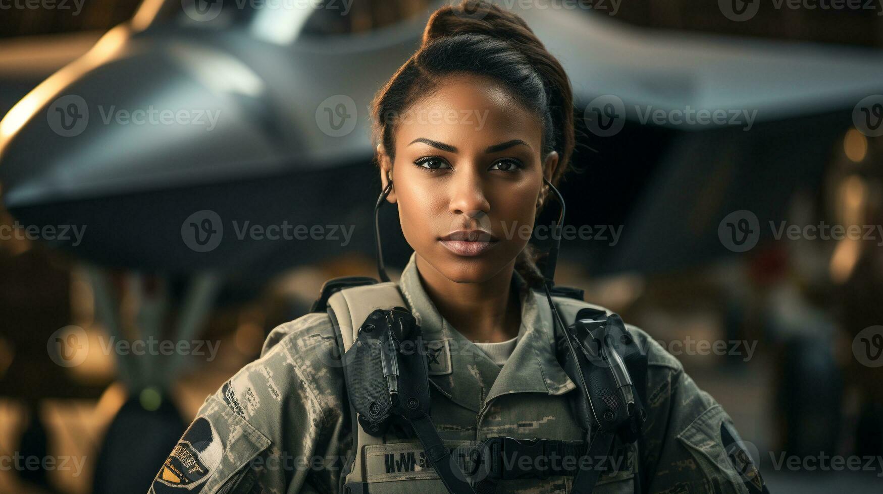 Female African American fighter pilot soldier stands outside her fighter jet - generative AI. photo